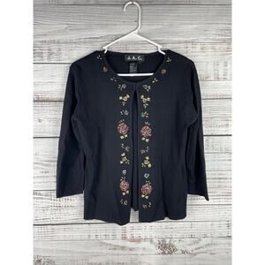 Vintage JAC Black Cardigan Sweater Large Floral Beading Stretch Boho Y2K Granny